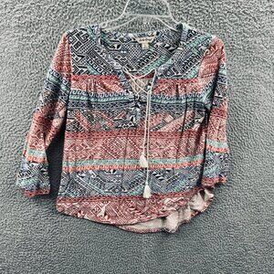 Lucky Brand Womens Top Small Blue Red 3/4 Sleeve Pullover Shirt‎ Tasseled
